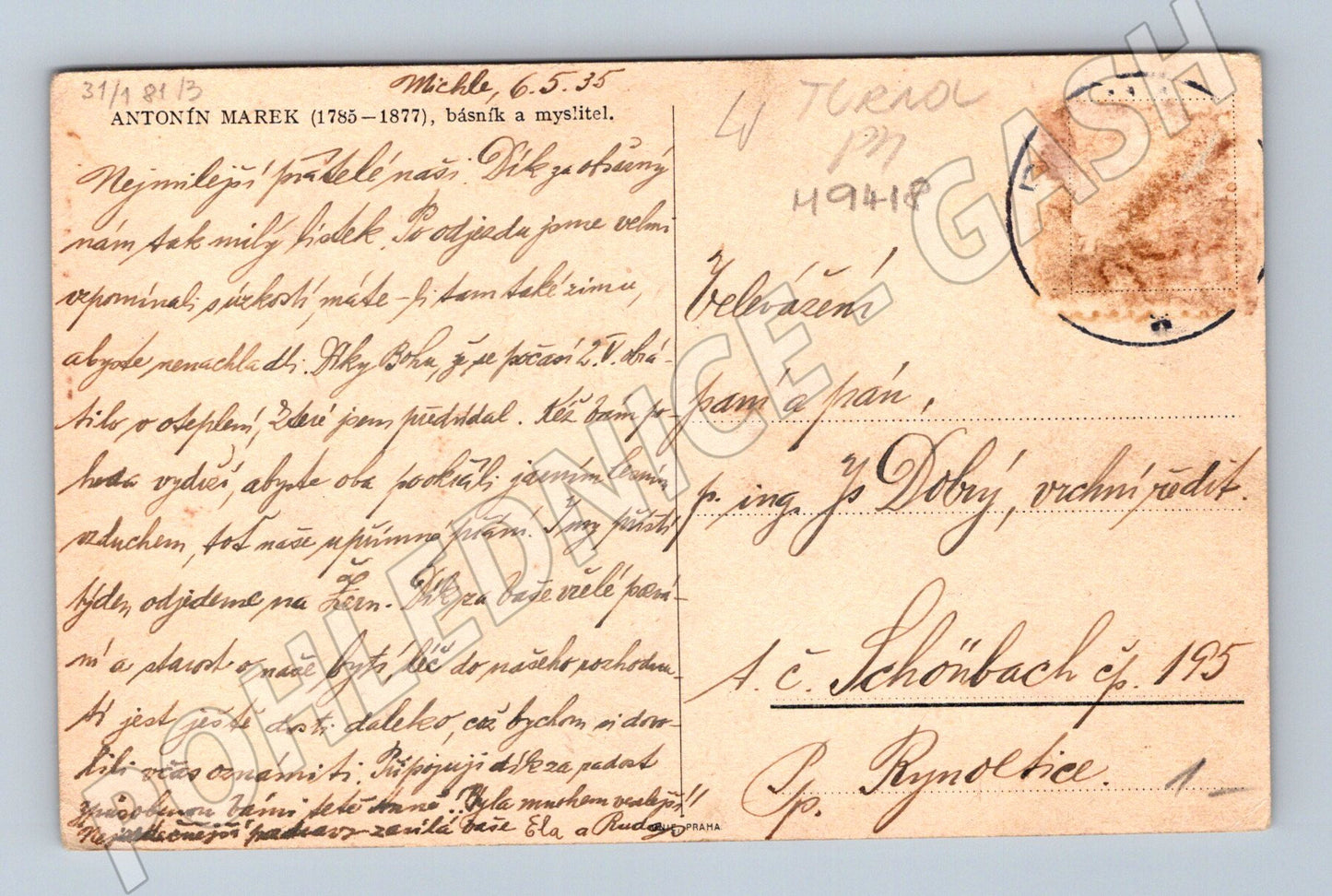 Pohlednice Antonín Marek básník myslitel 1935 (M9418)