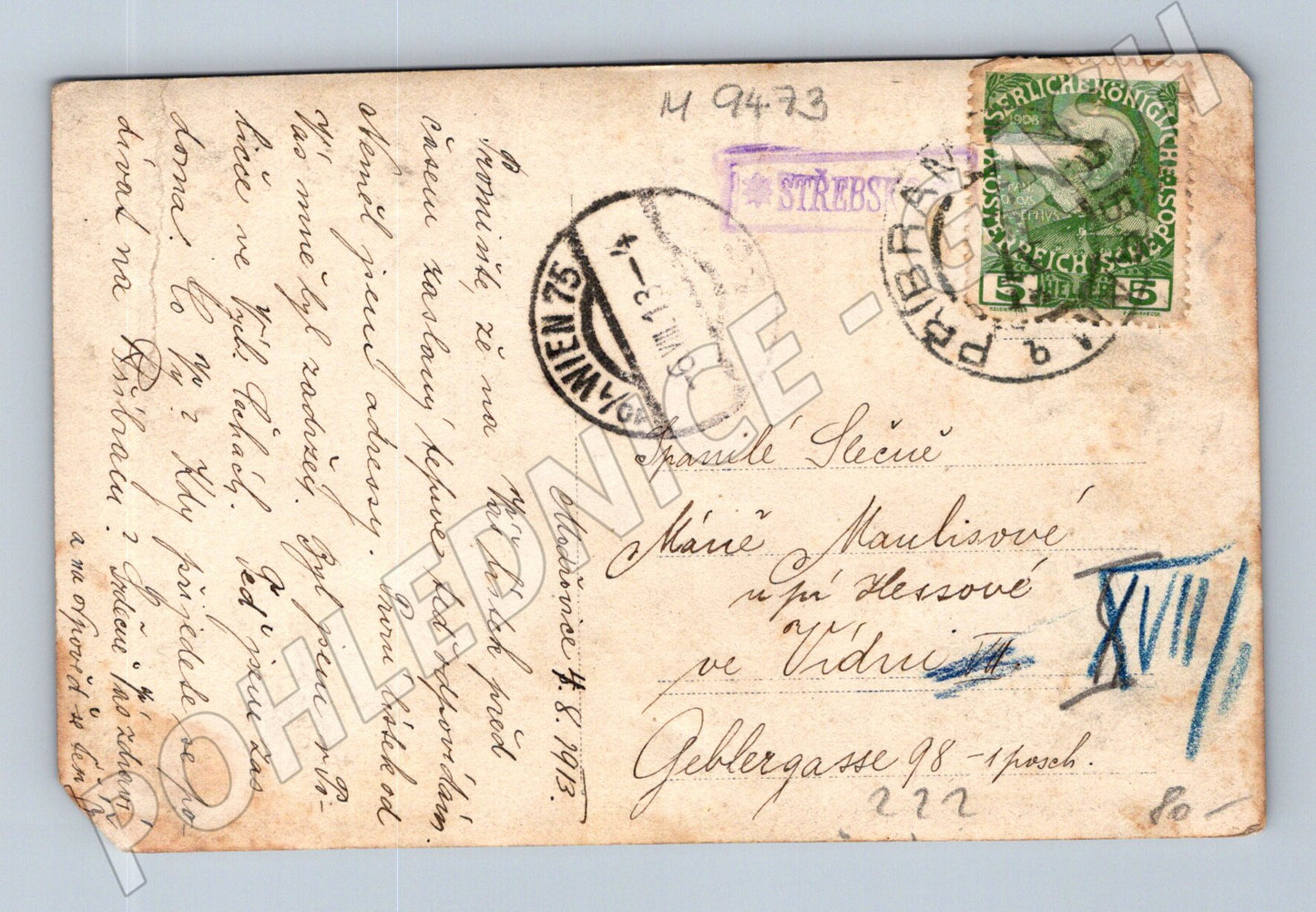 Postcard countryside field 1913 to Vienna (M9473)