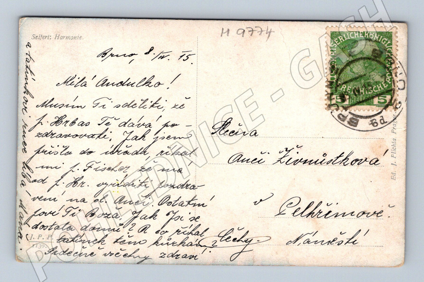Pohlednice dáma s lyrou RU 1915 (M9774)