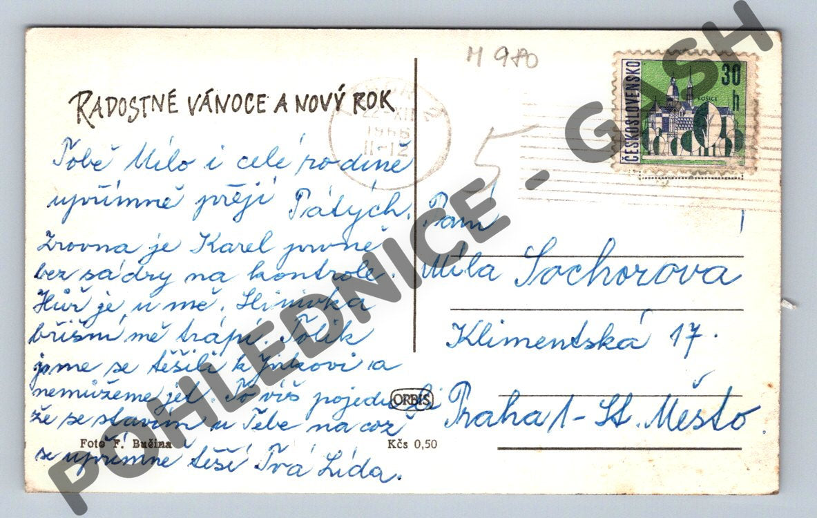 Pohlednice Vánoční děti sněhulák chalupa (M980)