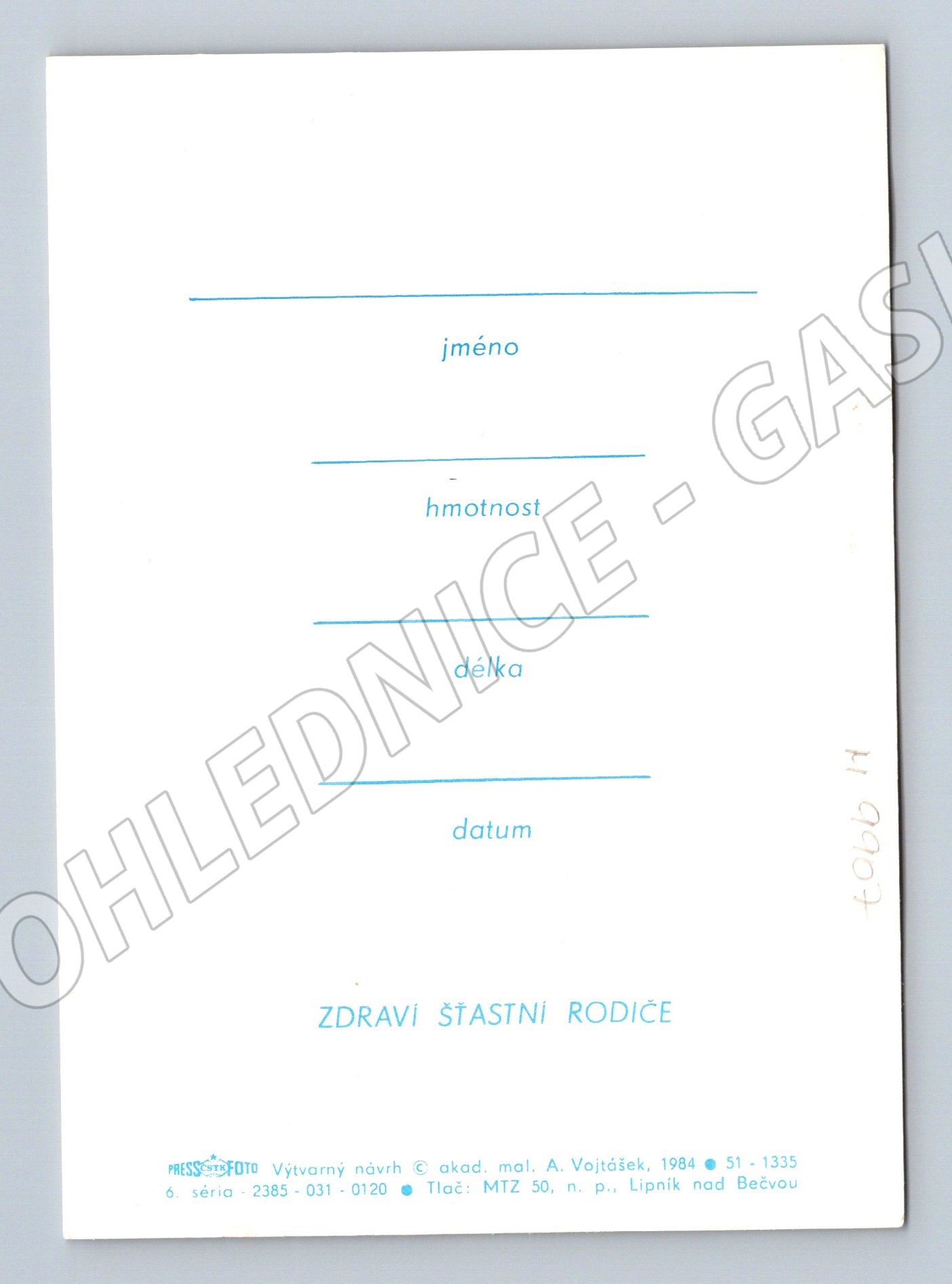 Pohlednice oznámení narození dítěte Vojáček (M9907)