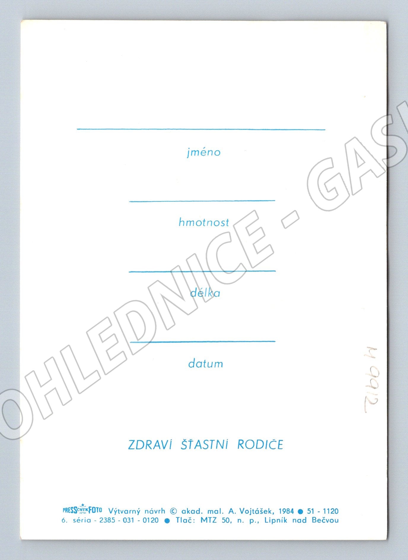 Postcard for the birth of a child, design A Vojtášek (M9912)