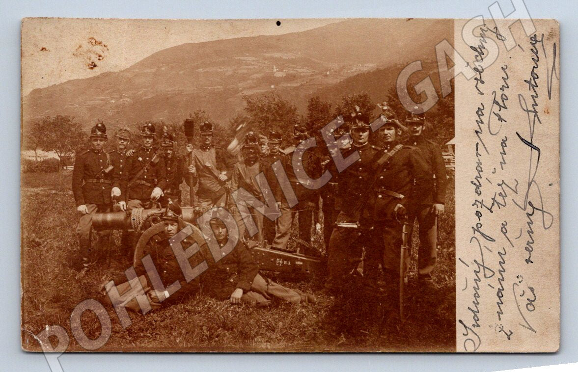Pohlednice Rakousko Uhersko vojáci u děla 1908 (P1152)