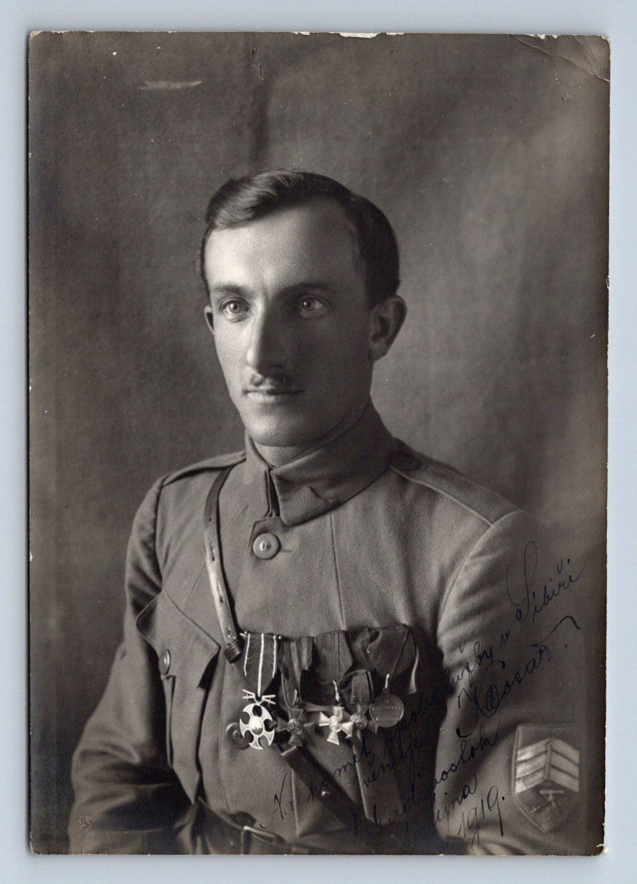 Pohlednice muž v uniformě s medailemi věnování Sibiř legionář (P1180)