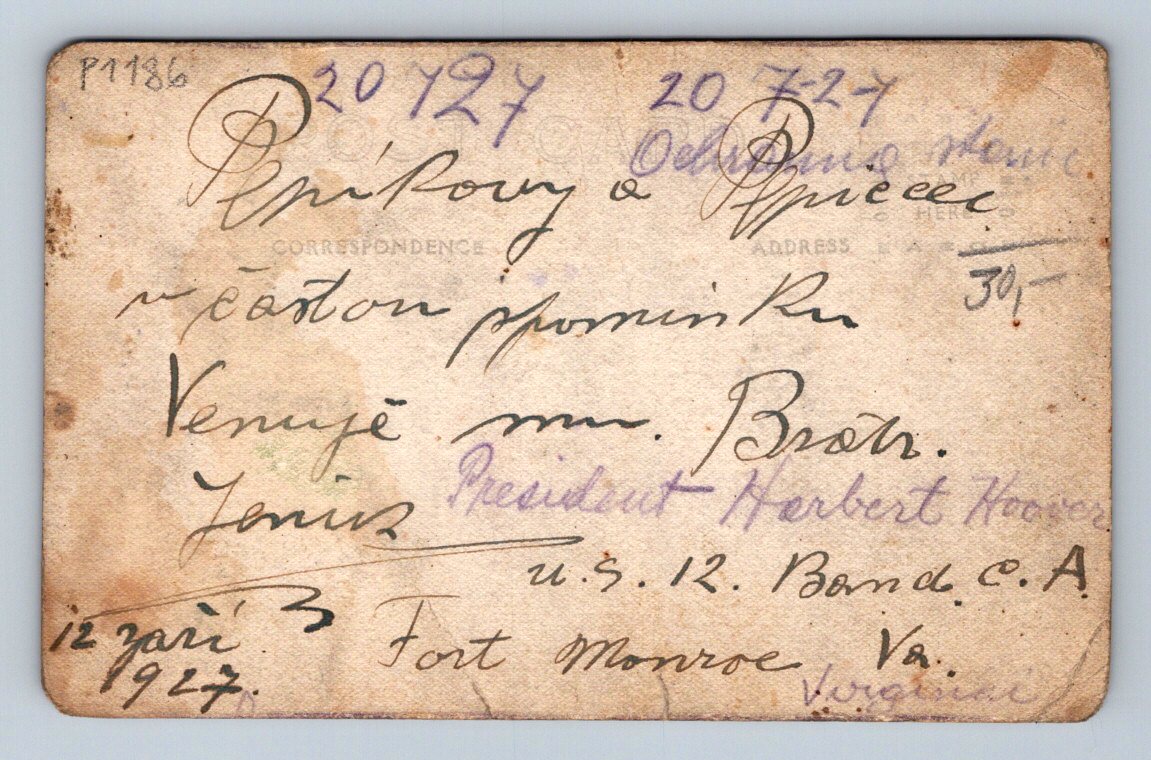 Pohlednice USA Fort Monroe voják s puškou Herbert Hoover 1927 (P1186)