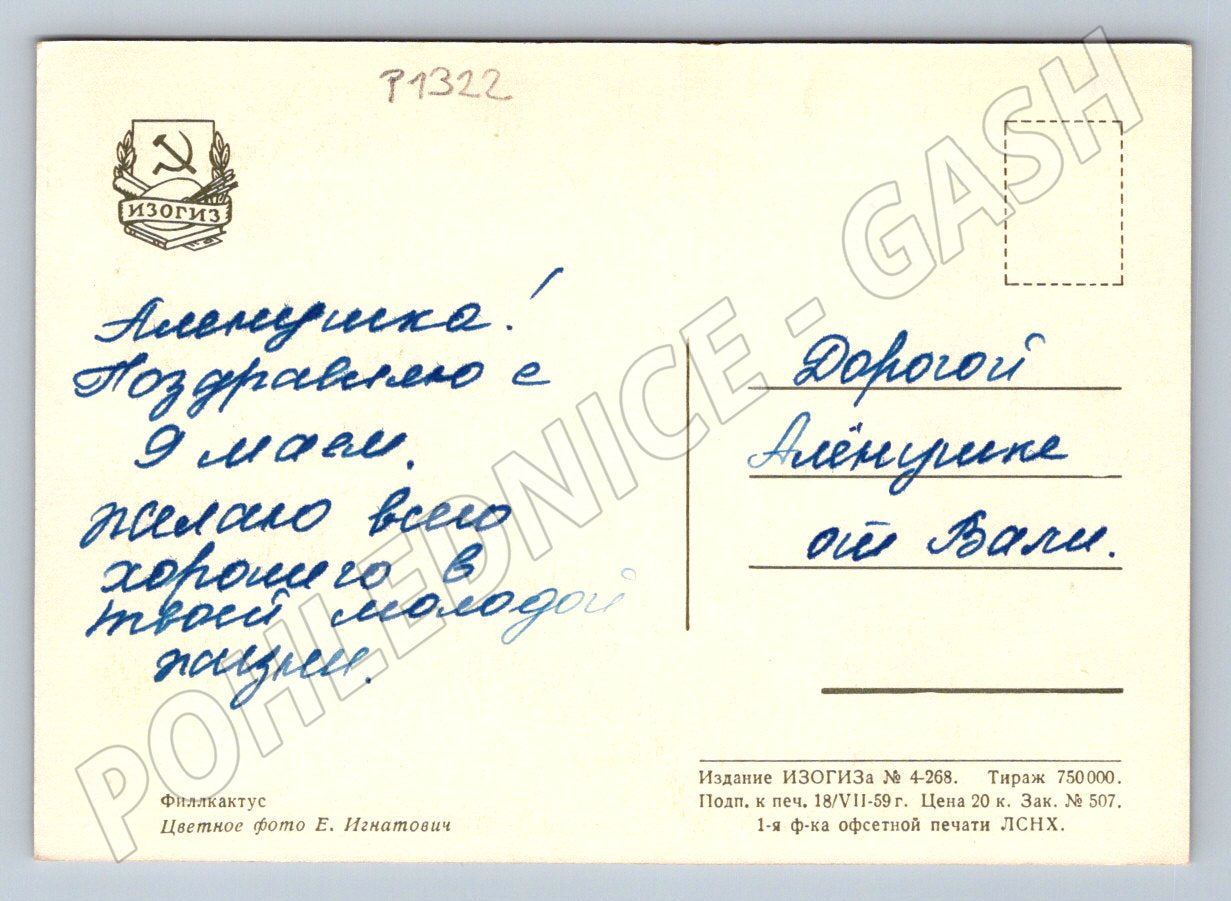 Pohlednice SSSR filkaktus květy psaná IZOGIZ 1959 (P1322)
