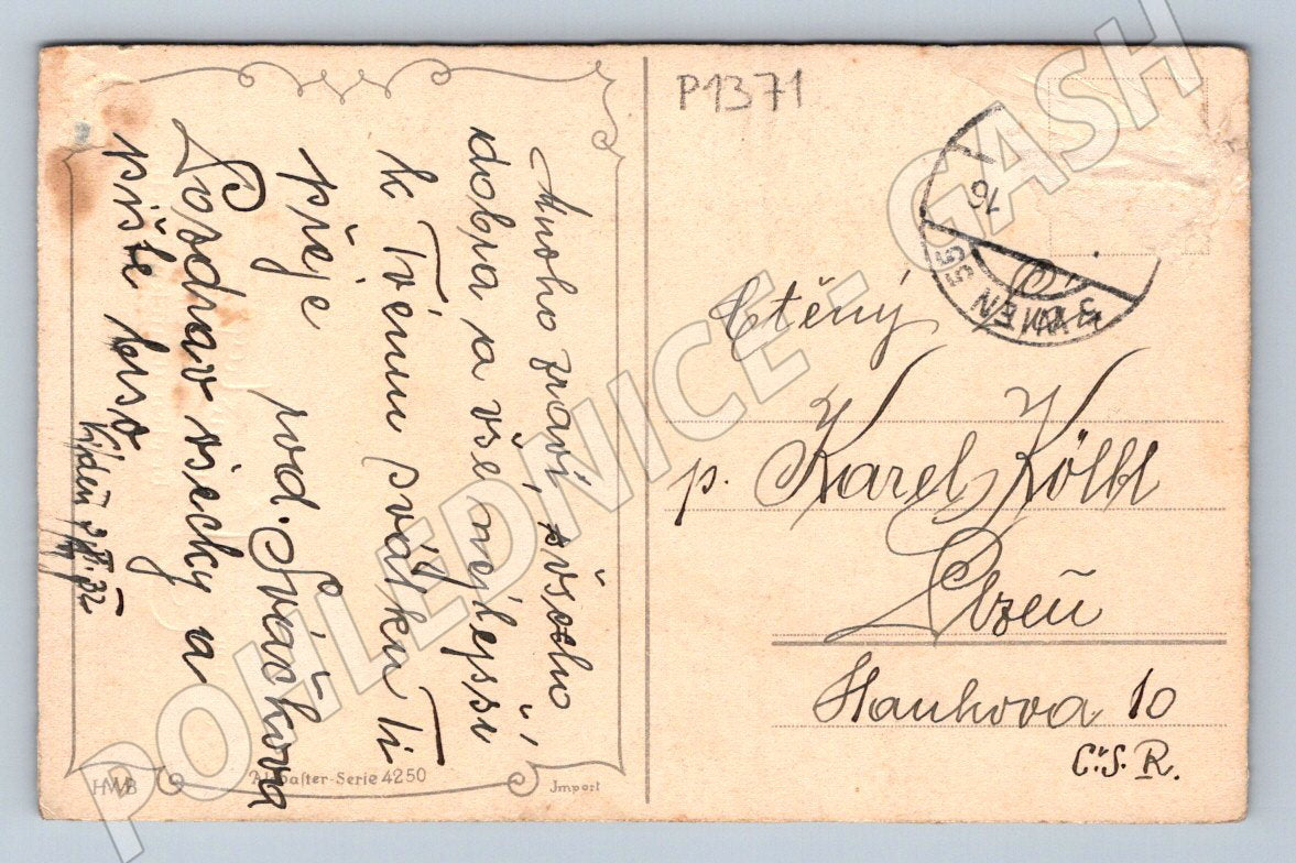 Pohlednice děti v autě květiny svátek 20 léta (P1371)