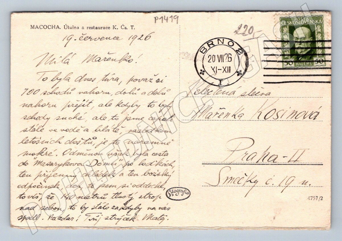 Pohlednice Macocha útulna a restaurace KČST 1926 (P1419)