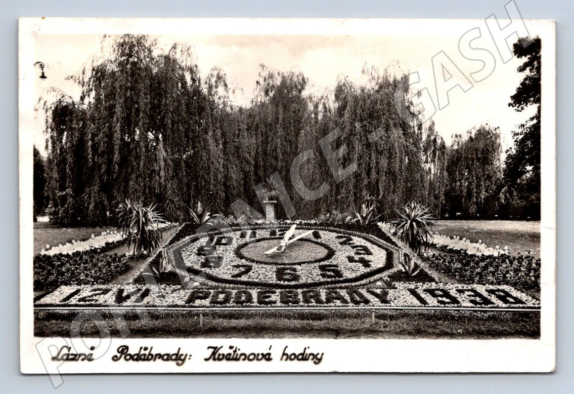 Pohlednice Poděbrady květinové hodiny 1938 (P1485)