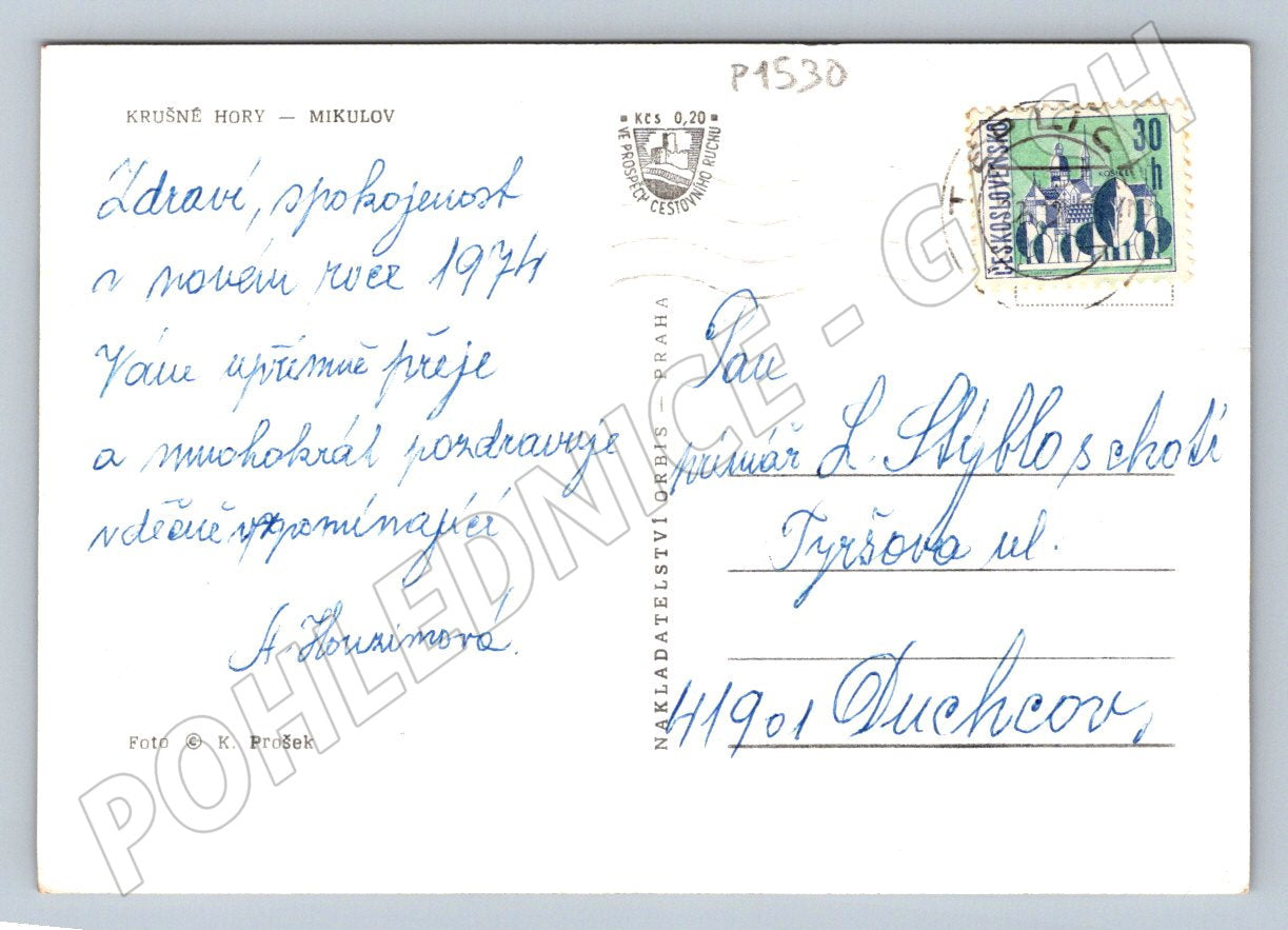 Pohlednice Krušné hory Mikulov zimní krajina K Prošek 1974 (P1530)