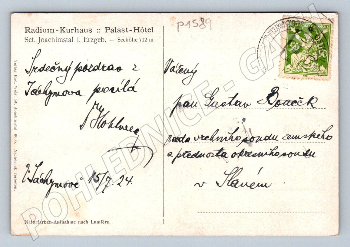 Pohlednice Jáchymov Radium Palace Hotel ČSR (P1589)