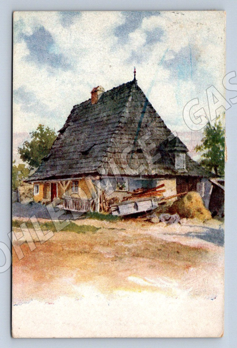 Pohlednice venkovské chalupy s doškovou střechou etnografie (P1599)