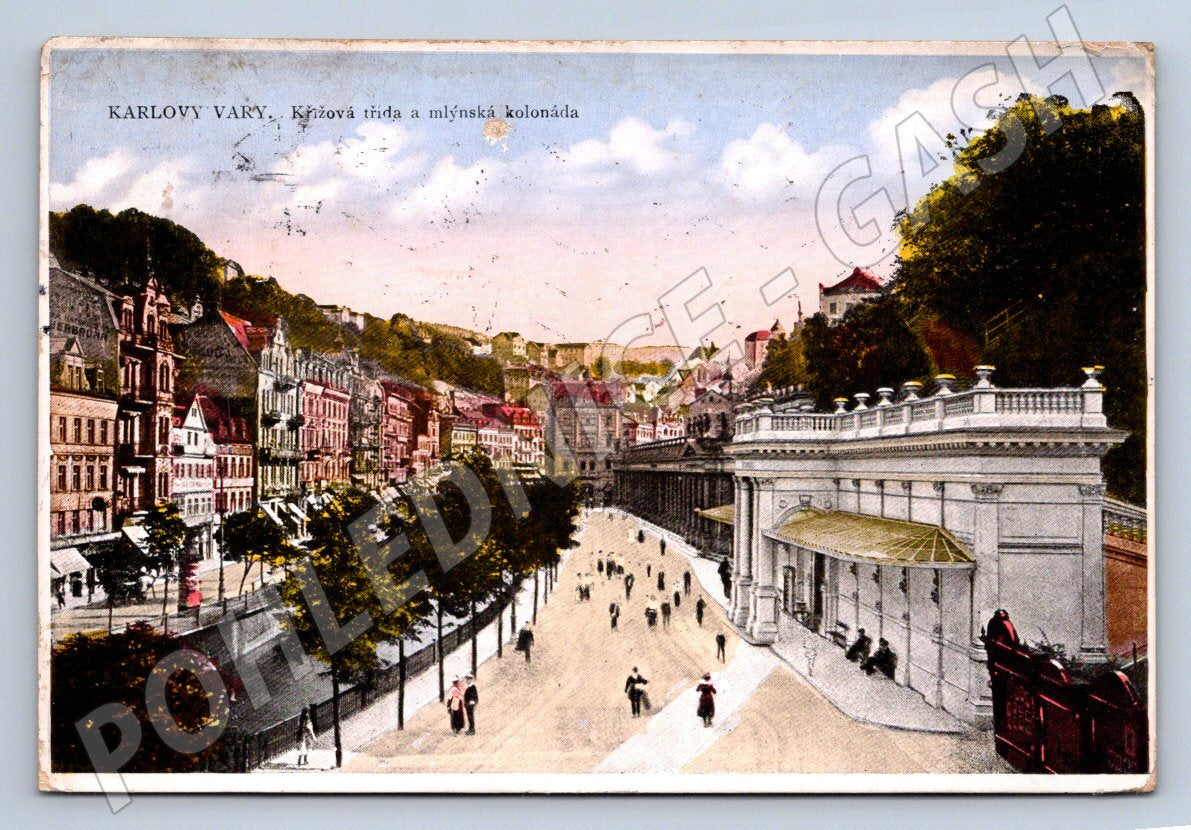 Pohlednice Karlovy Vary Křížová třída a Mlýnská kolonáda 1921 (P1627)