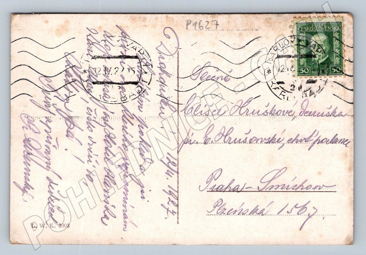 Pohlednice Karlovy Vary Křížová třída a Mlýnská kolonáda 1921 (P1627)
