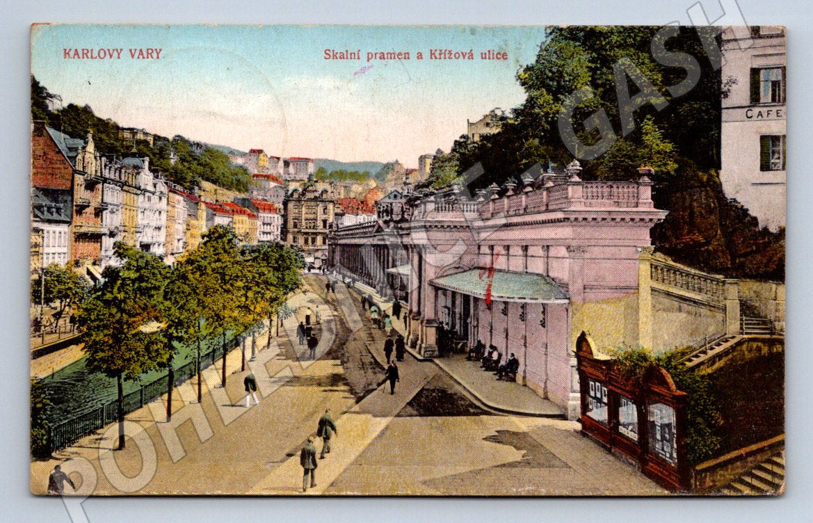 Pohlednice Karlovy Vary Skalní pramen a Křížová ulice (P1634)