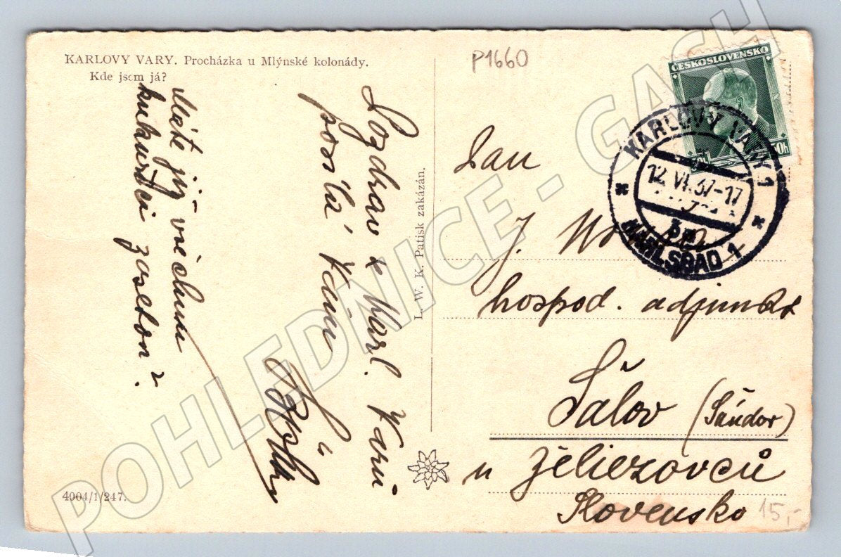 Postcard Karlovy Vary Mill Colonnade 1937 (P1660)