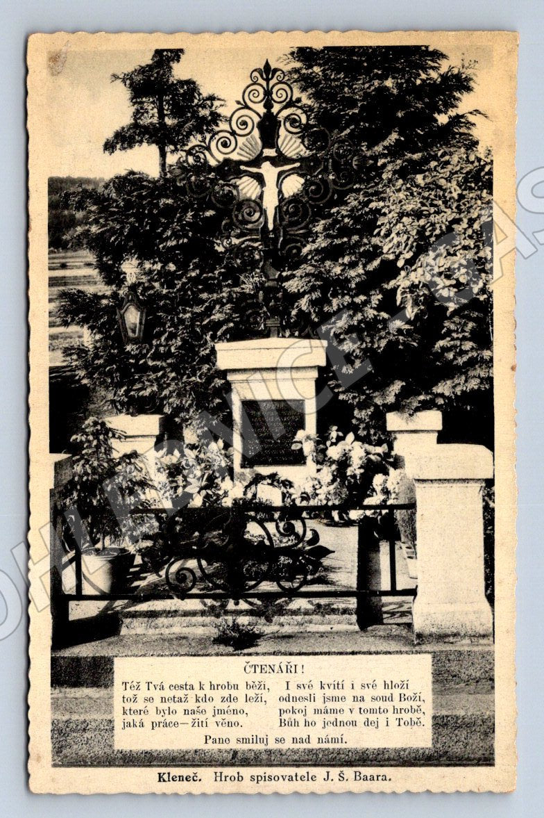 Pohlednice Klenčí hrob spisovatele J Š Baara 1936 (P1691)