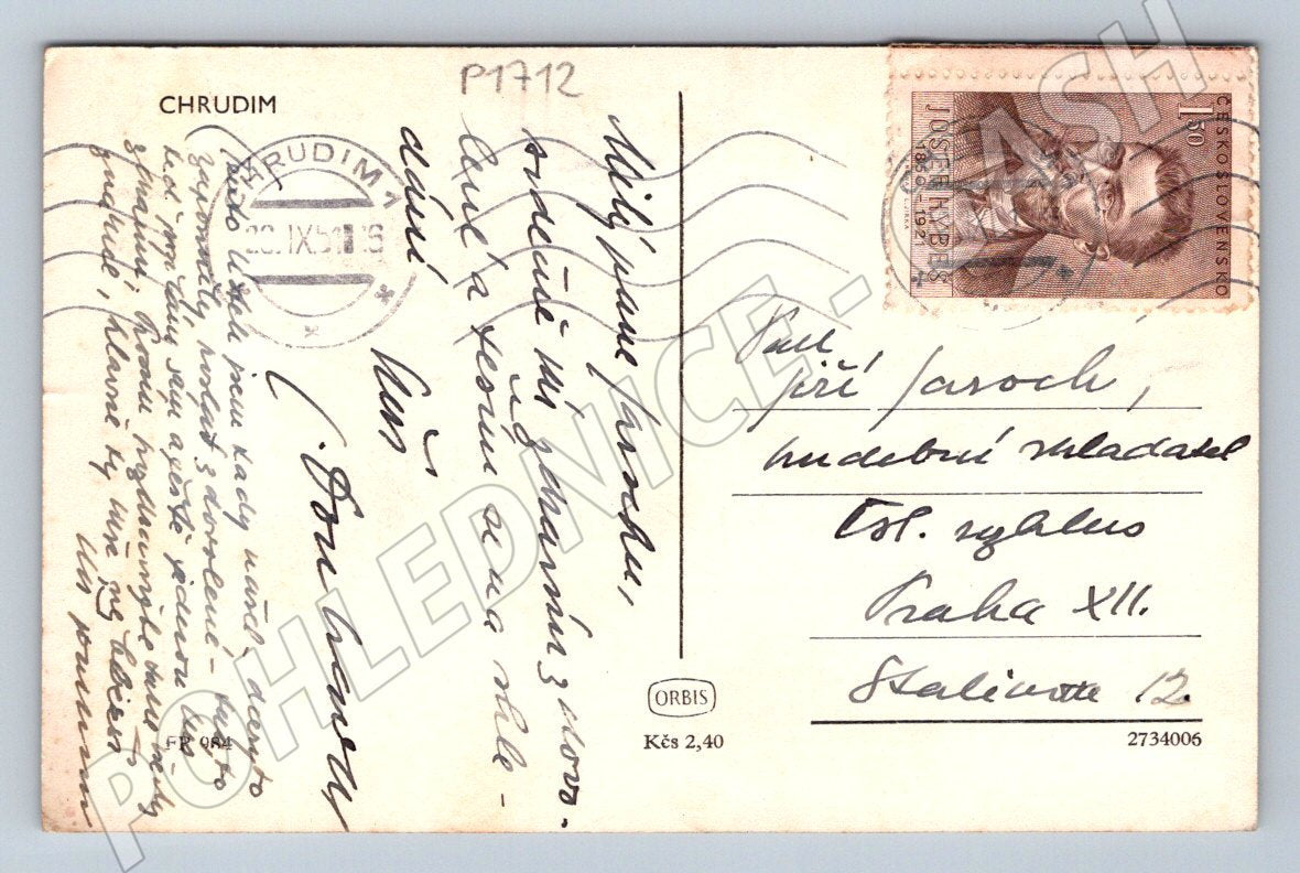Pohlednice Chrudim kostel a náměstí 1938 (P1712)