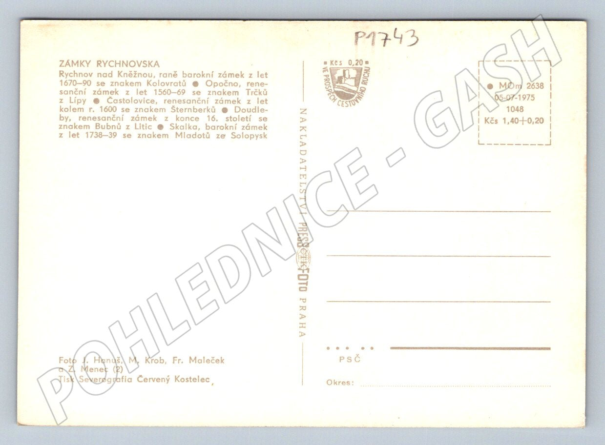Pohlednice Rychnovsko zámky 1975 české hrady a zámky (P1743)