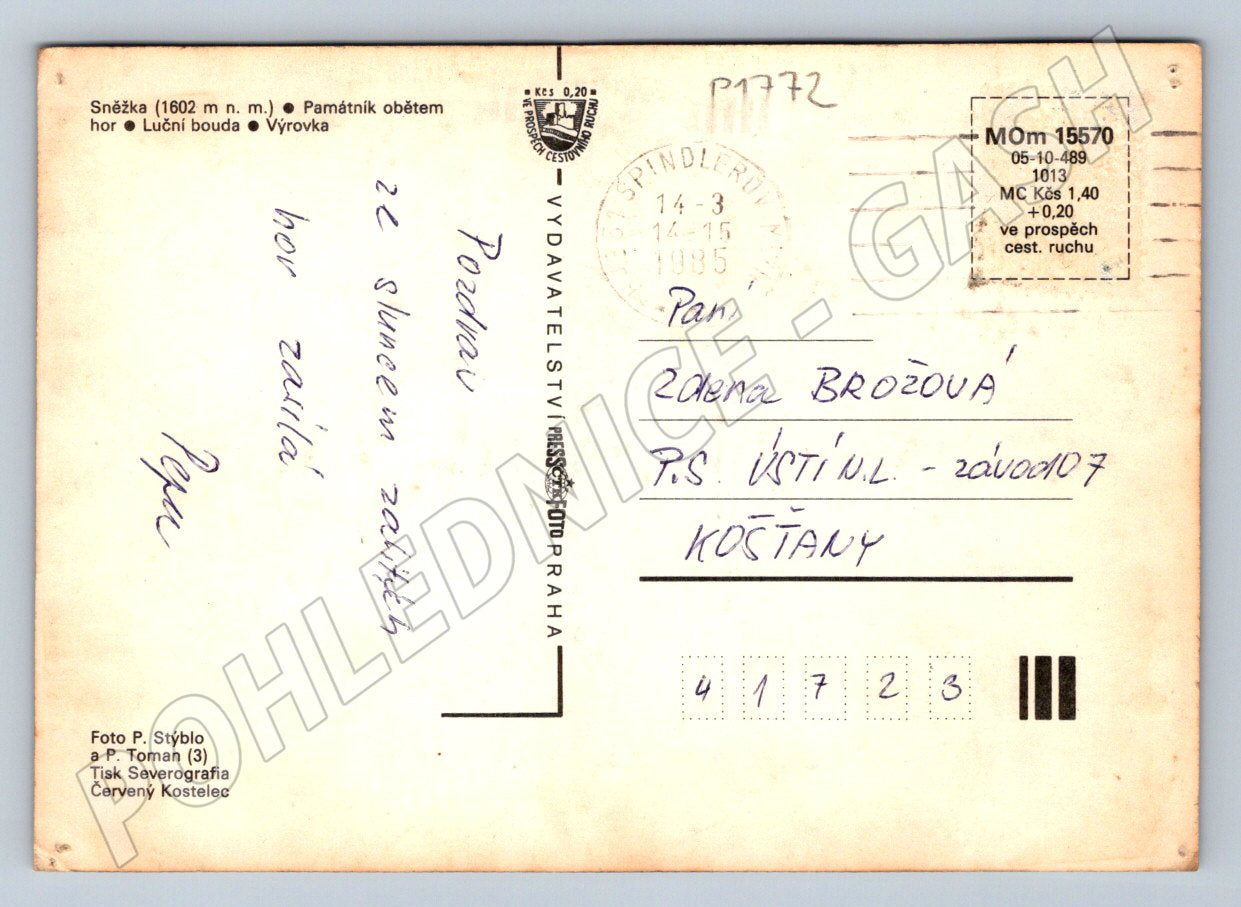 Pohlednice Krkonoše pozdrav Sněžka Luční bouda 1985 (P1772)