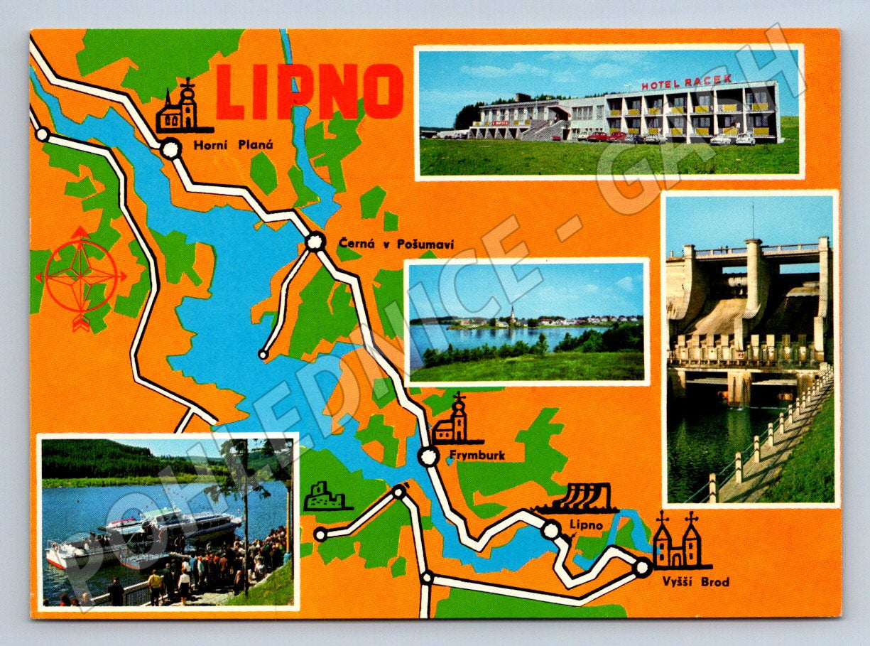 Pohlednice Lipno mapa hráz lodní doprava (P1827)