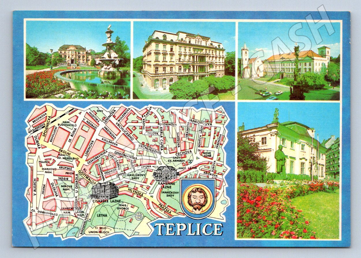 Pohlednice Teplice barevná koláž památky mapa města (P1877)