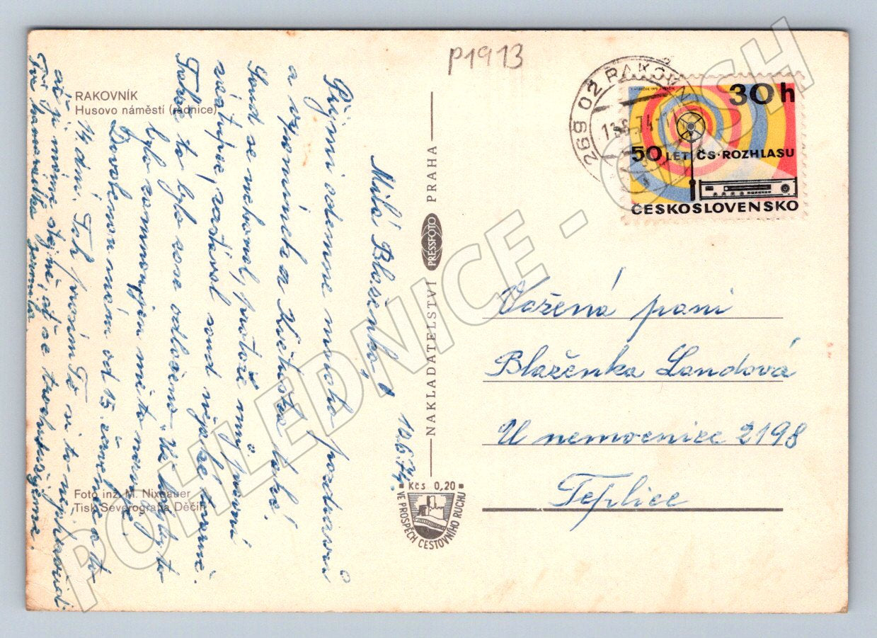 Pohlednice Rakovník Husovo náměstí radnice 70 léta (P1913)
