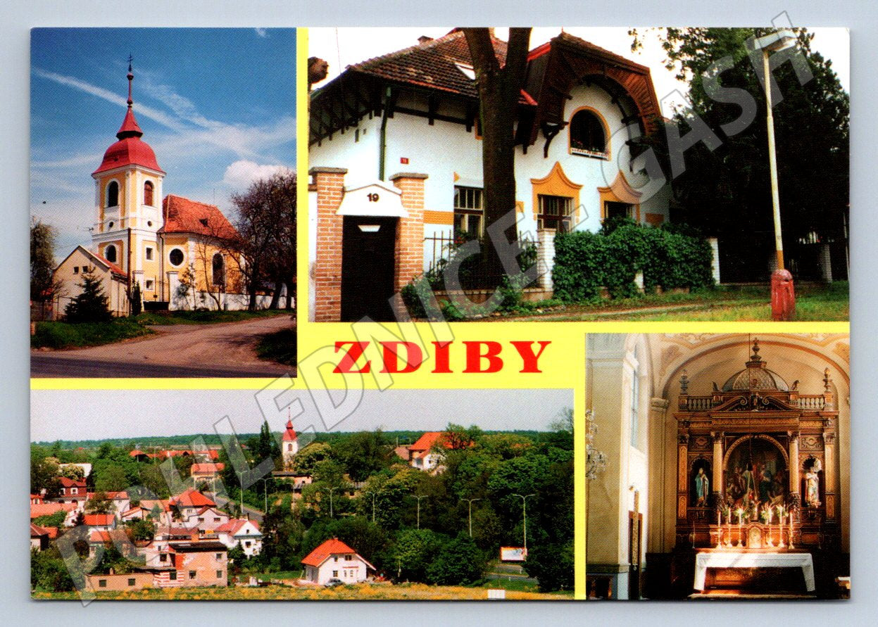 Pohlednice Zdiby kostel vila panorama interiér kostela (P1939)