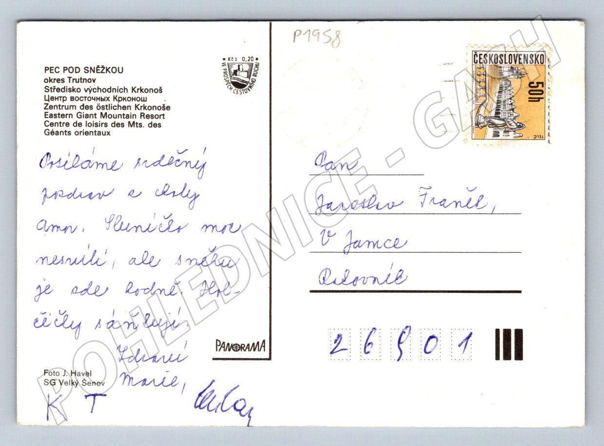 Pohlednice Krkonoše Pec pod Sněžkou 1958 (P1958)
