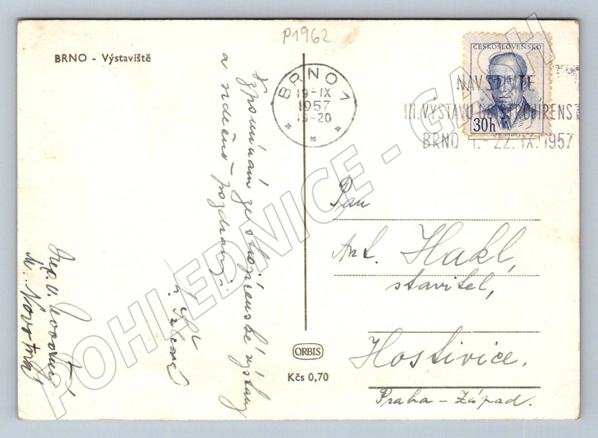 Pohlednice Brno Výstaviště letecký pohled raz 1957 (P1962)