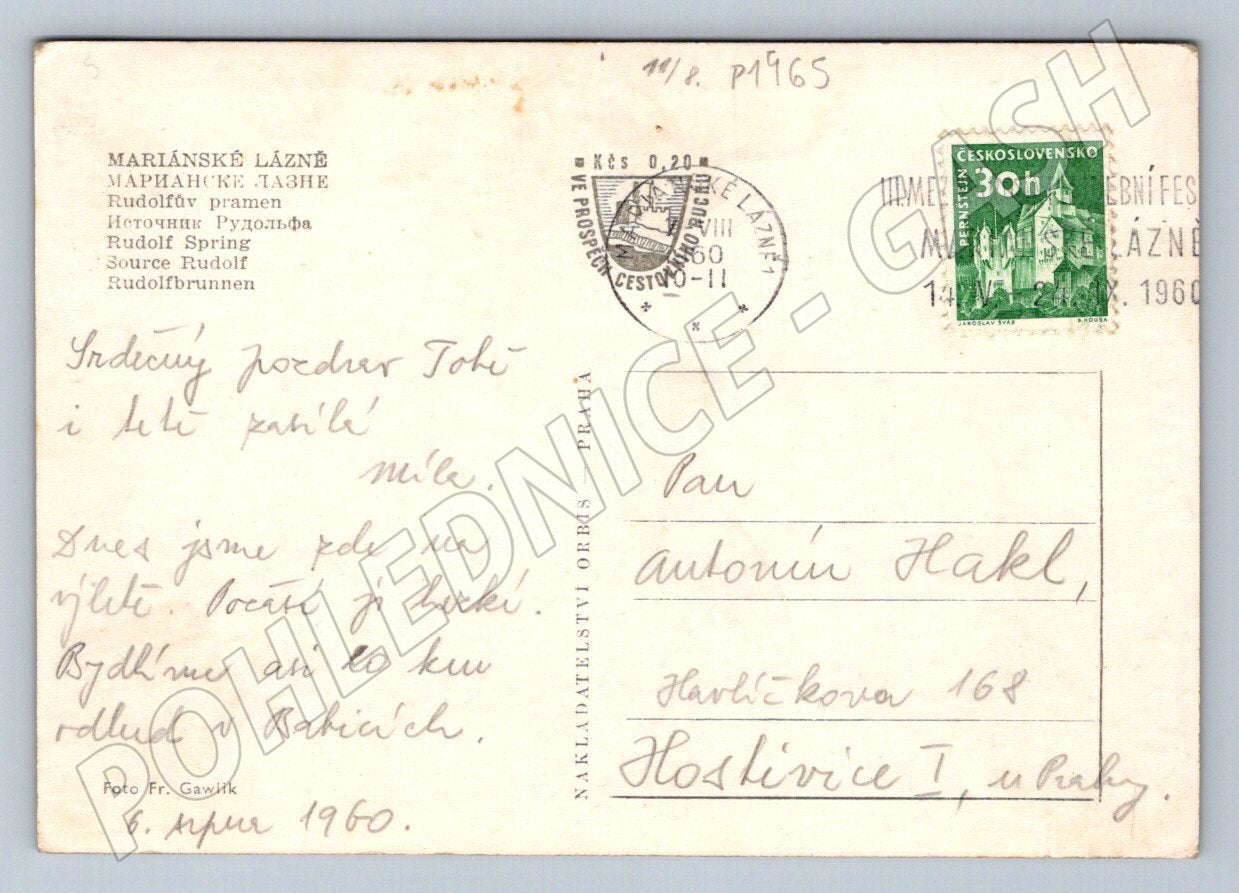 Pohlednice Mariánské Lázně kolonáda Rudolfův pramen PP 1960 (P1965)