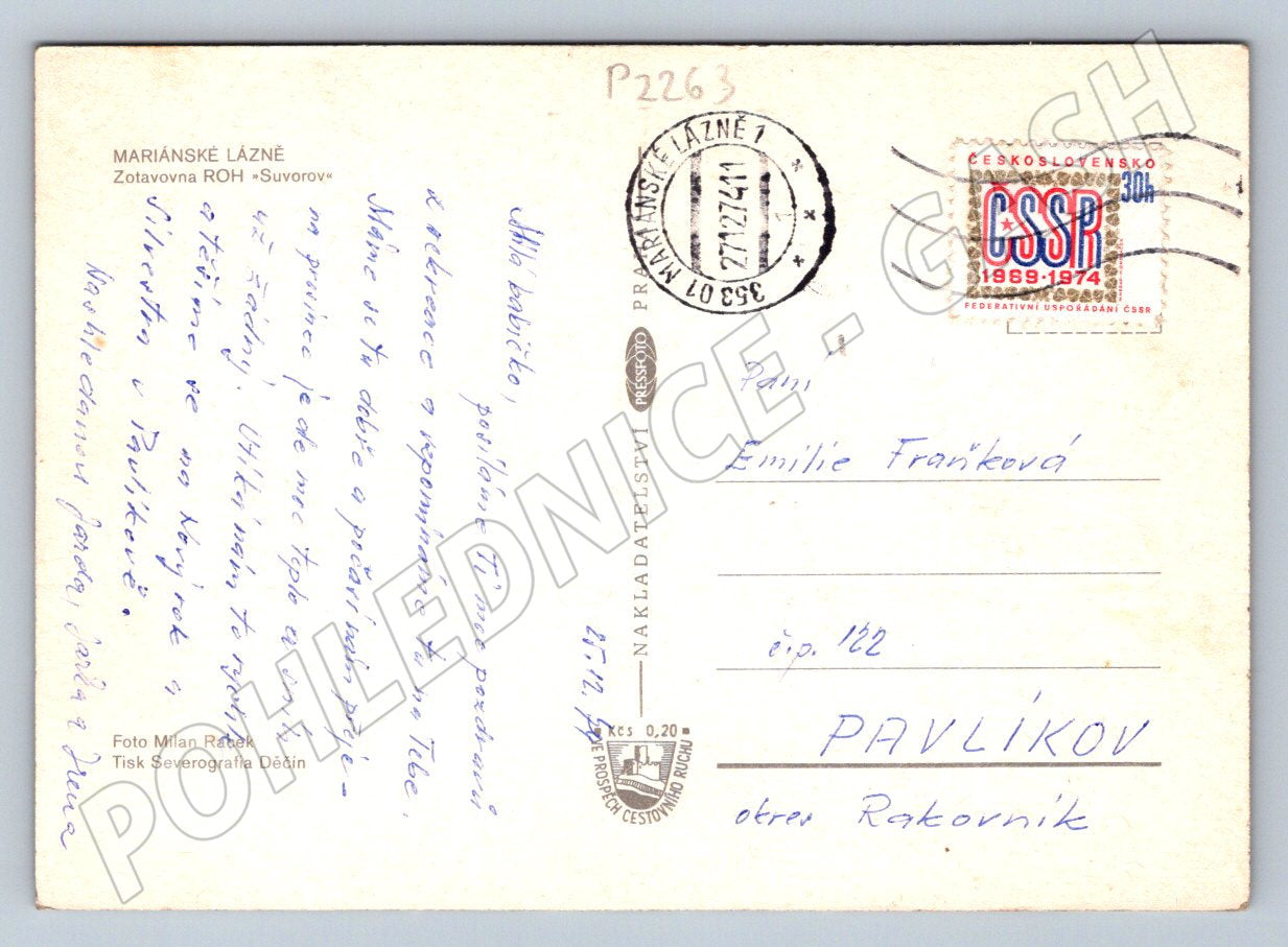 Pohlednice Mariánské Lázně Suvorov 1974 velký formát (P2263)