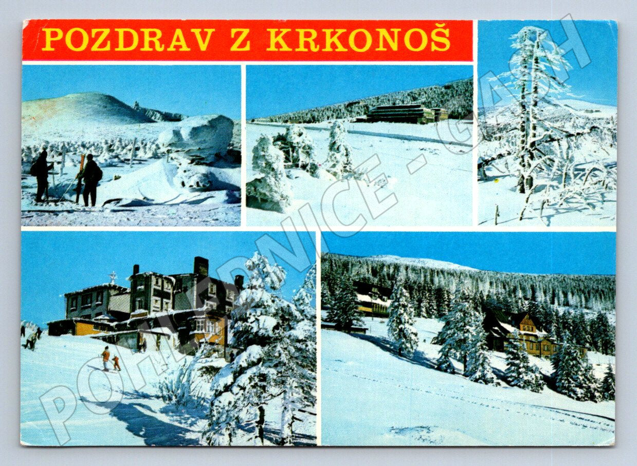 Pohlednice Krkonoše pozdrav zimní koláž ČSR (P2324)