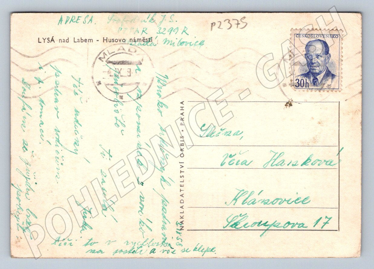 Pohlednice Lysá nad Labem Husovo náměstí raz do 1950 (P2375)