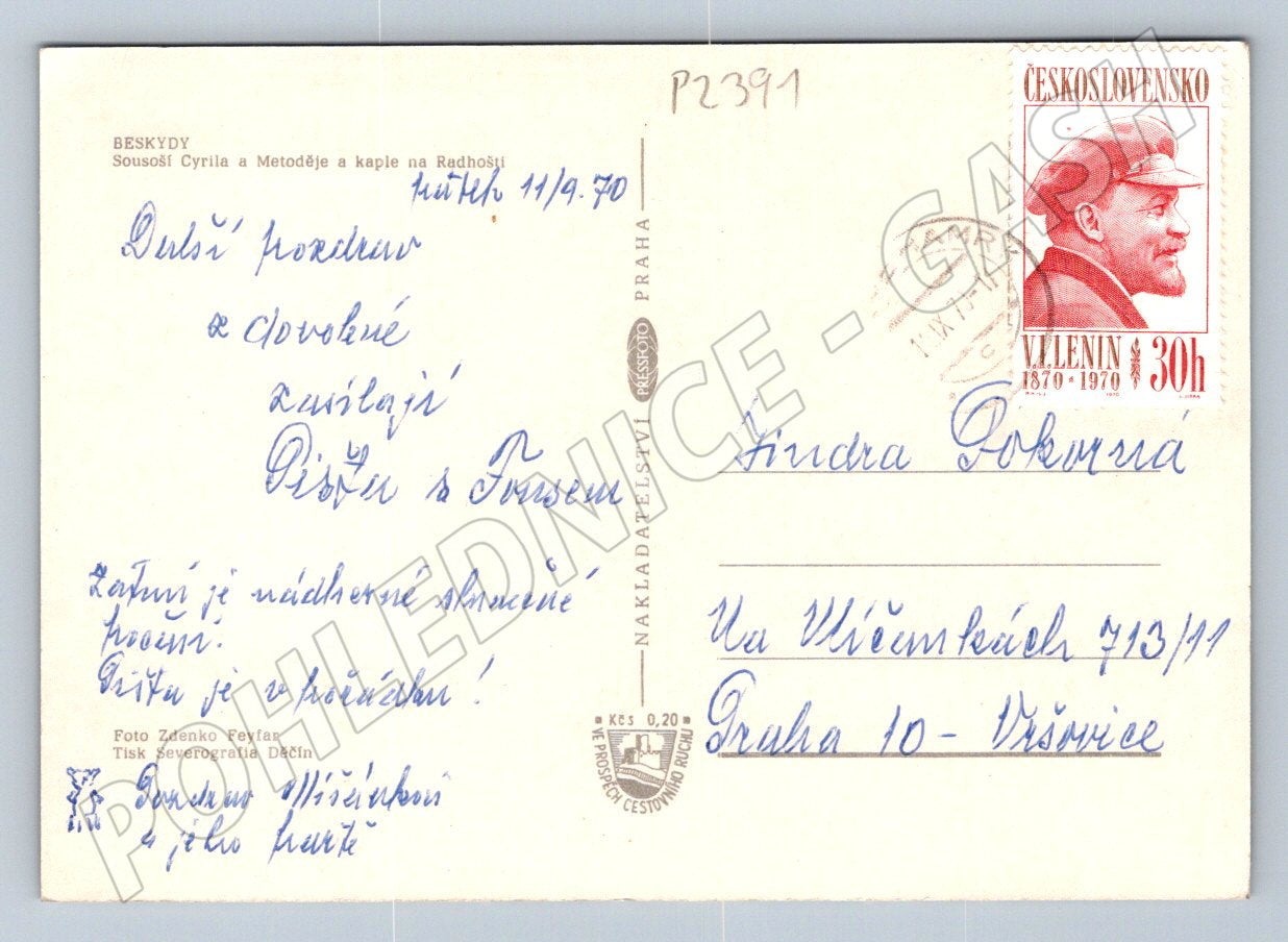 Pohlednice Beskydy Radhošť socha Cyrila a Metoděje kaple 1970 (P2391)