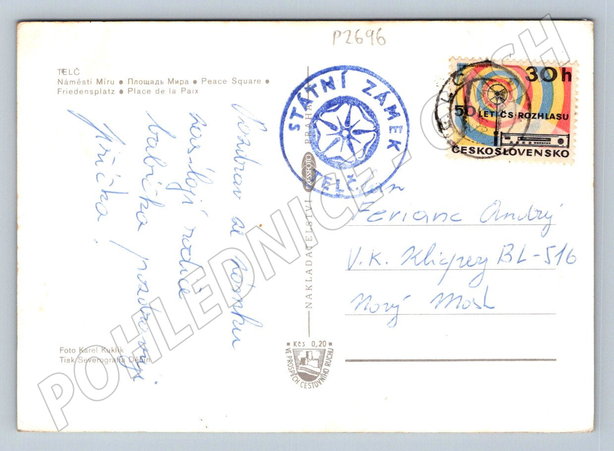 Pohlednice Telč náměstí Míru kolorovaná psaná ČSSR (P2696)