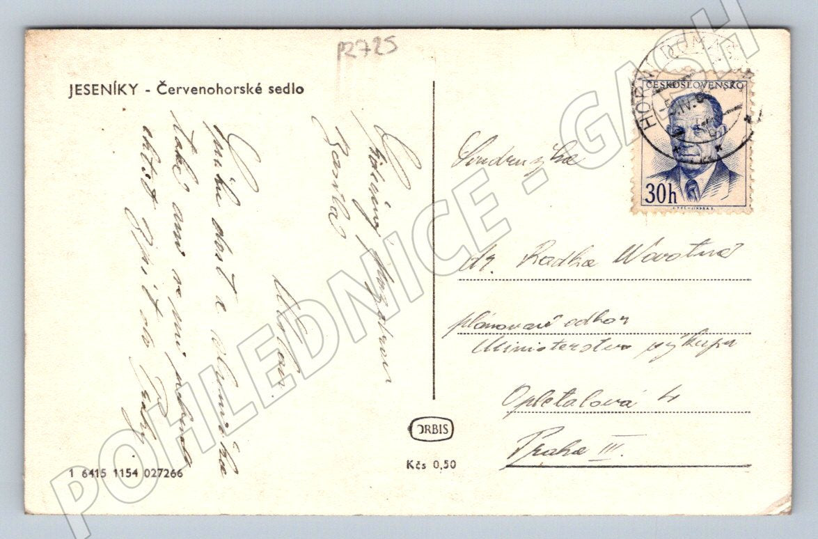 Postcard Jeseníky Mountains Červenohorské saddle winter skiers (P2725)