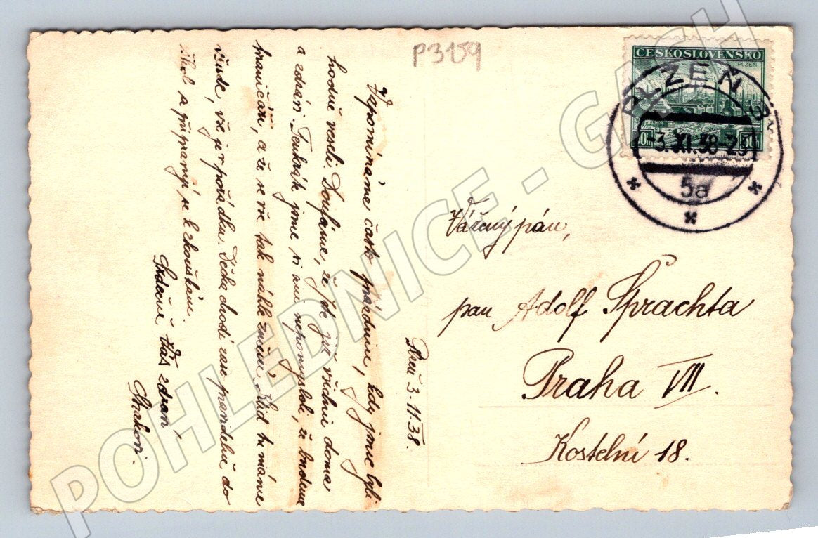 Pohlednice Zbeč krajina s hradem/zříceninou 1938 (P3159)