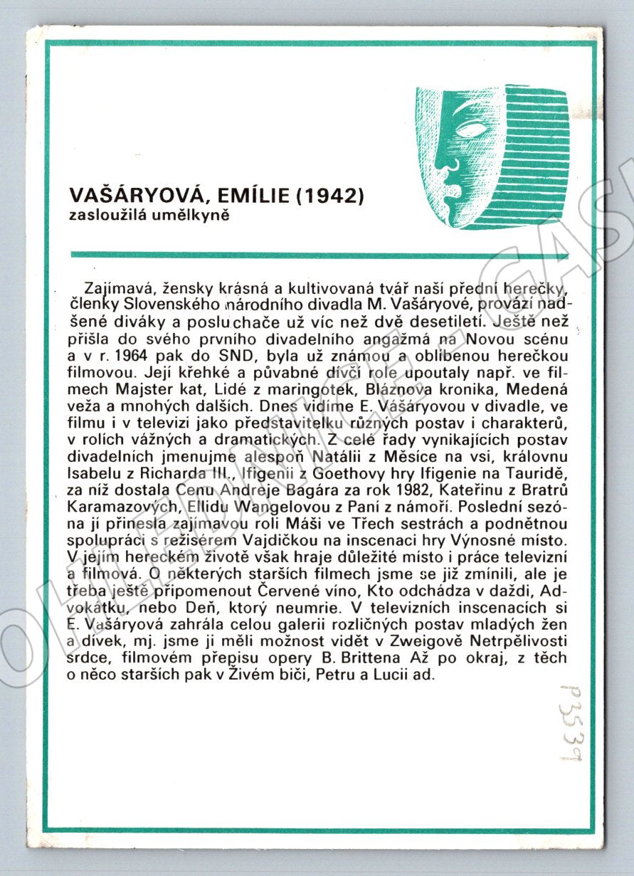 Pohlednice Slovensko Emilie Vášáryová herečka (P3539)