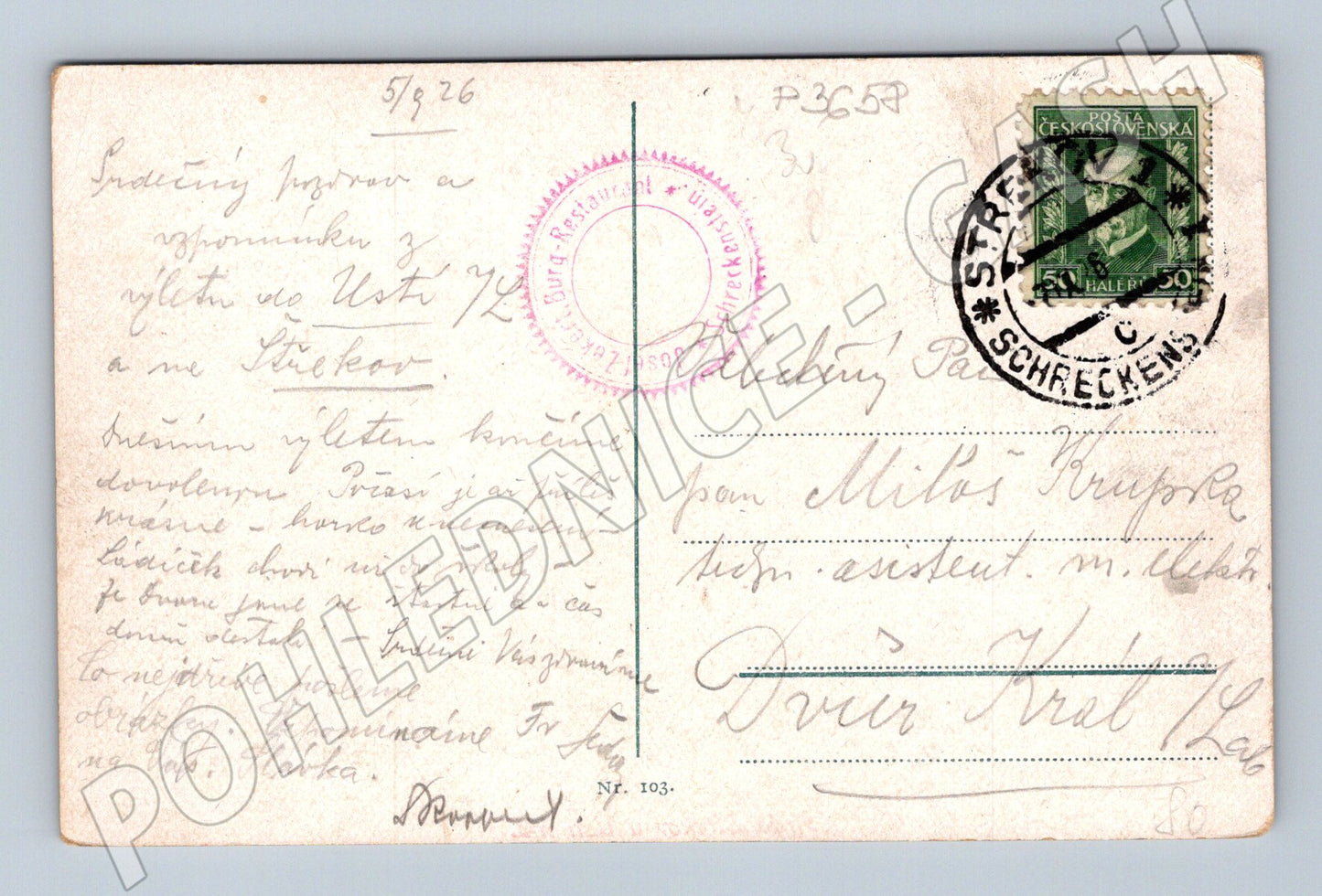 Pohlednice Ústí n/L. Střekov hrad a parník 1926 (P3658)