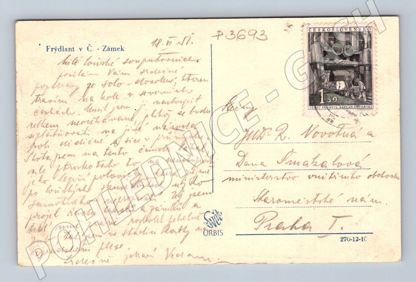 Pohlednice Frýdlant zámek a přerov 1951 (P3693)