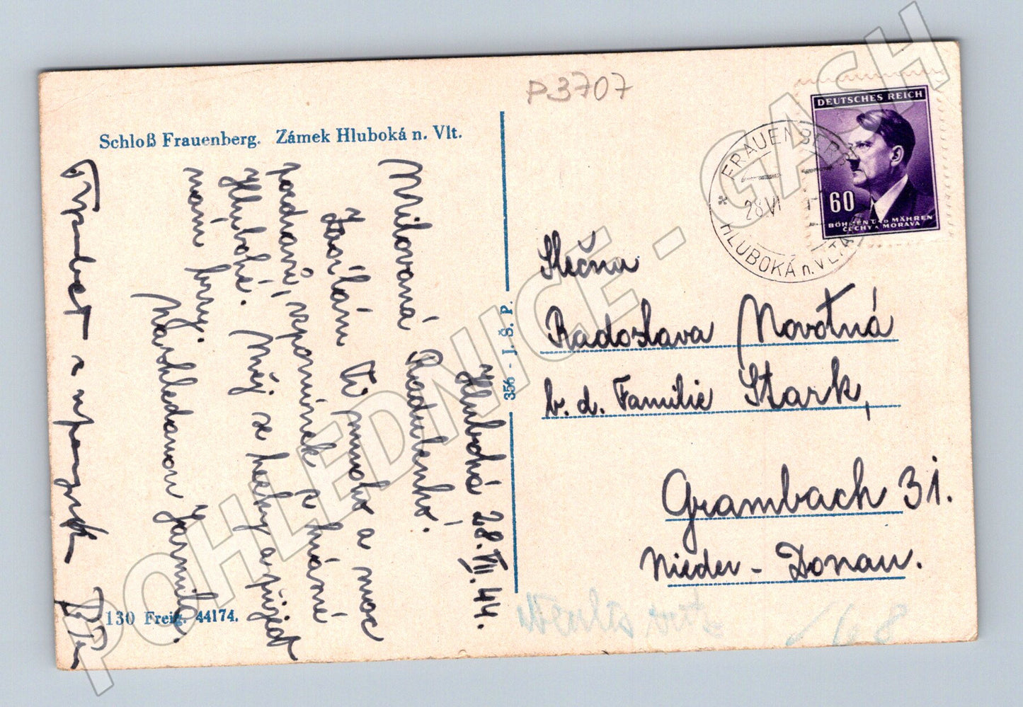 Pohlednice Hluboká n. Vlt. zámek 1944 (P3707)