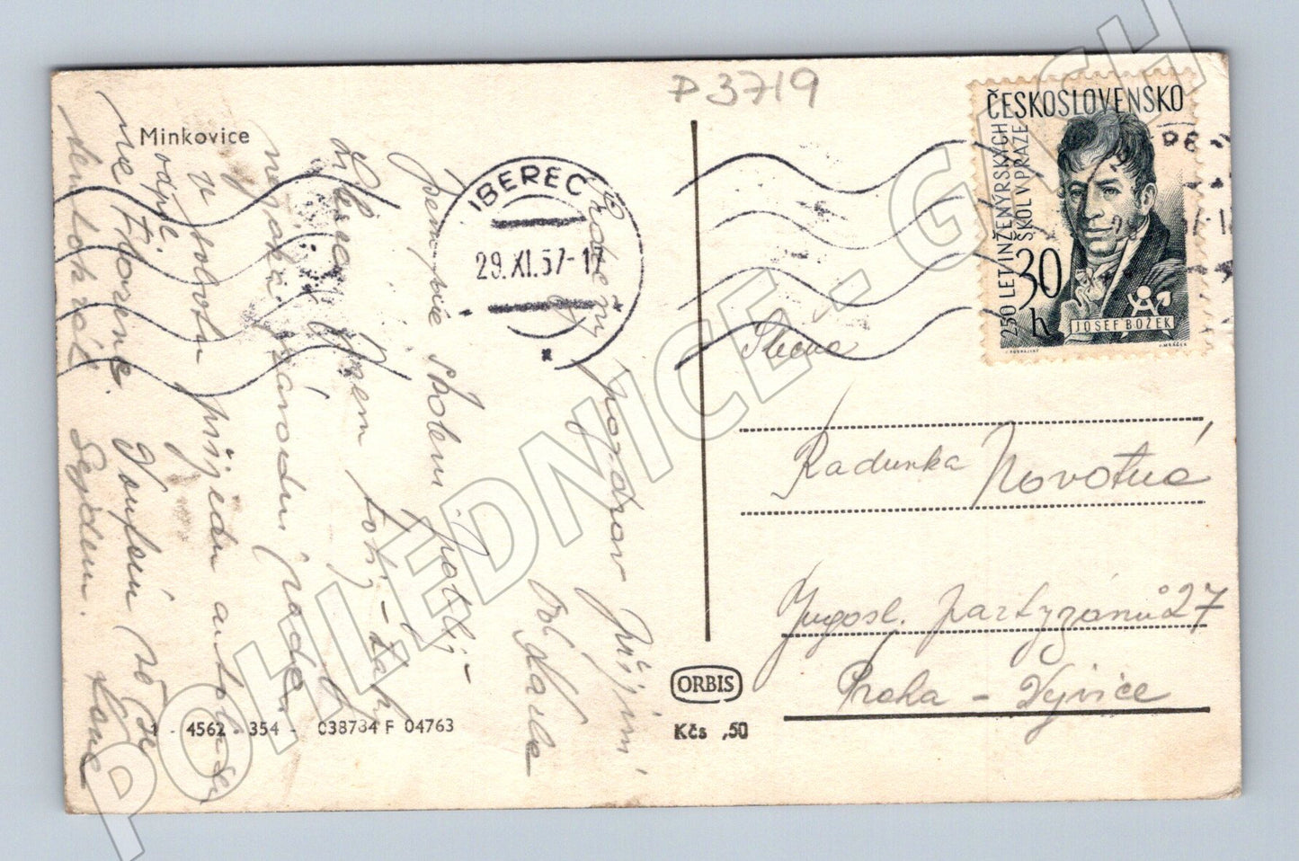 Pohlednice Jablonecko Minkovice Ještěd 1957 (P3719)