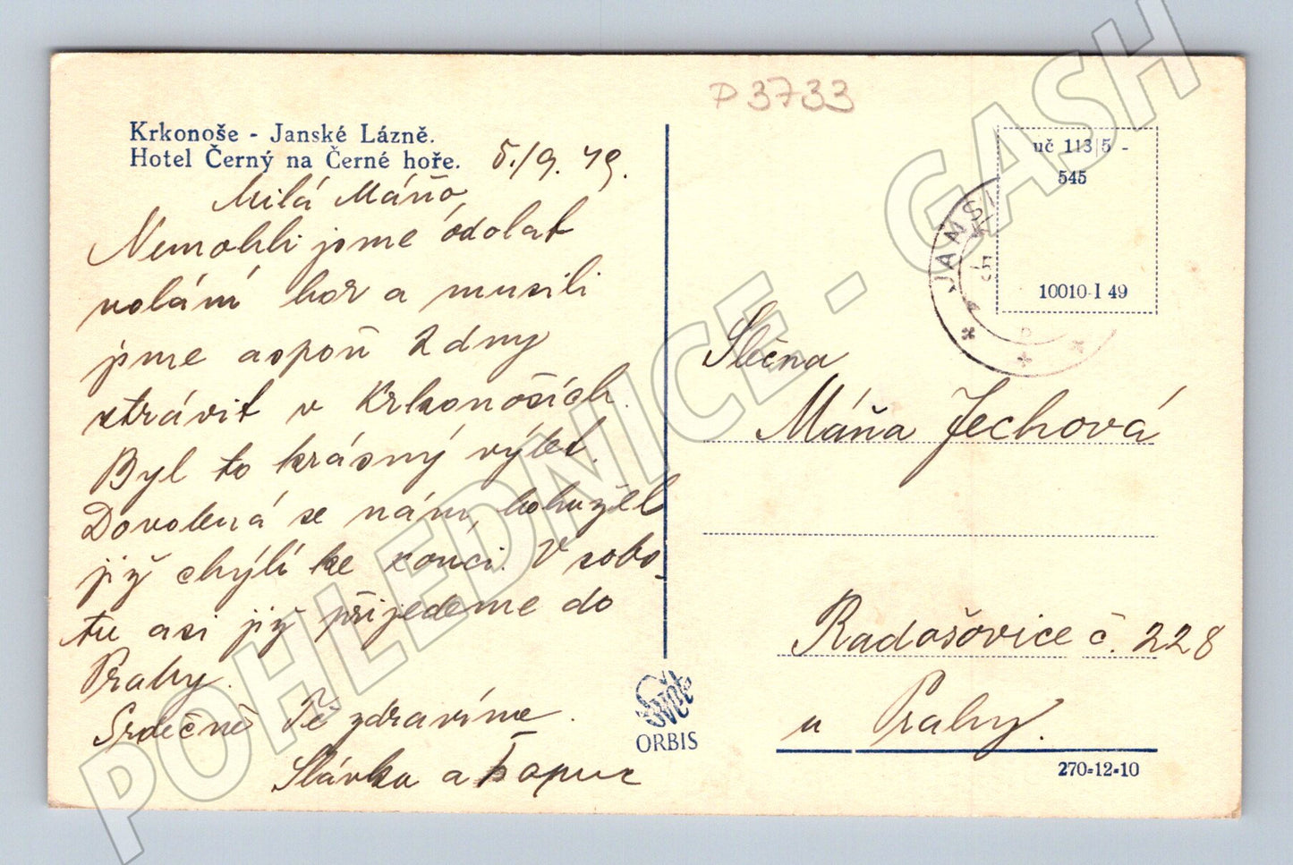 Pohlednice Janské Lázně Hotel Černý hora 1949 (P3733)