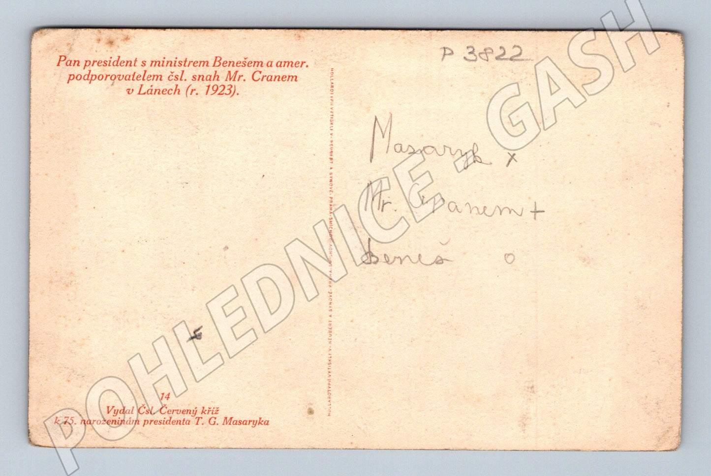 Pohlednice Lány T.G. Masaryk E. Beneš Mr. Crane 1923 (P3822)
