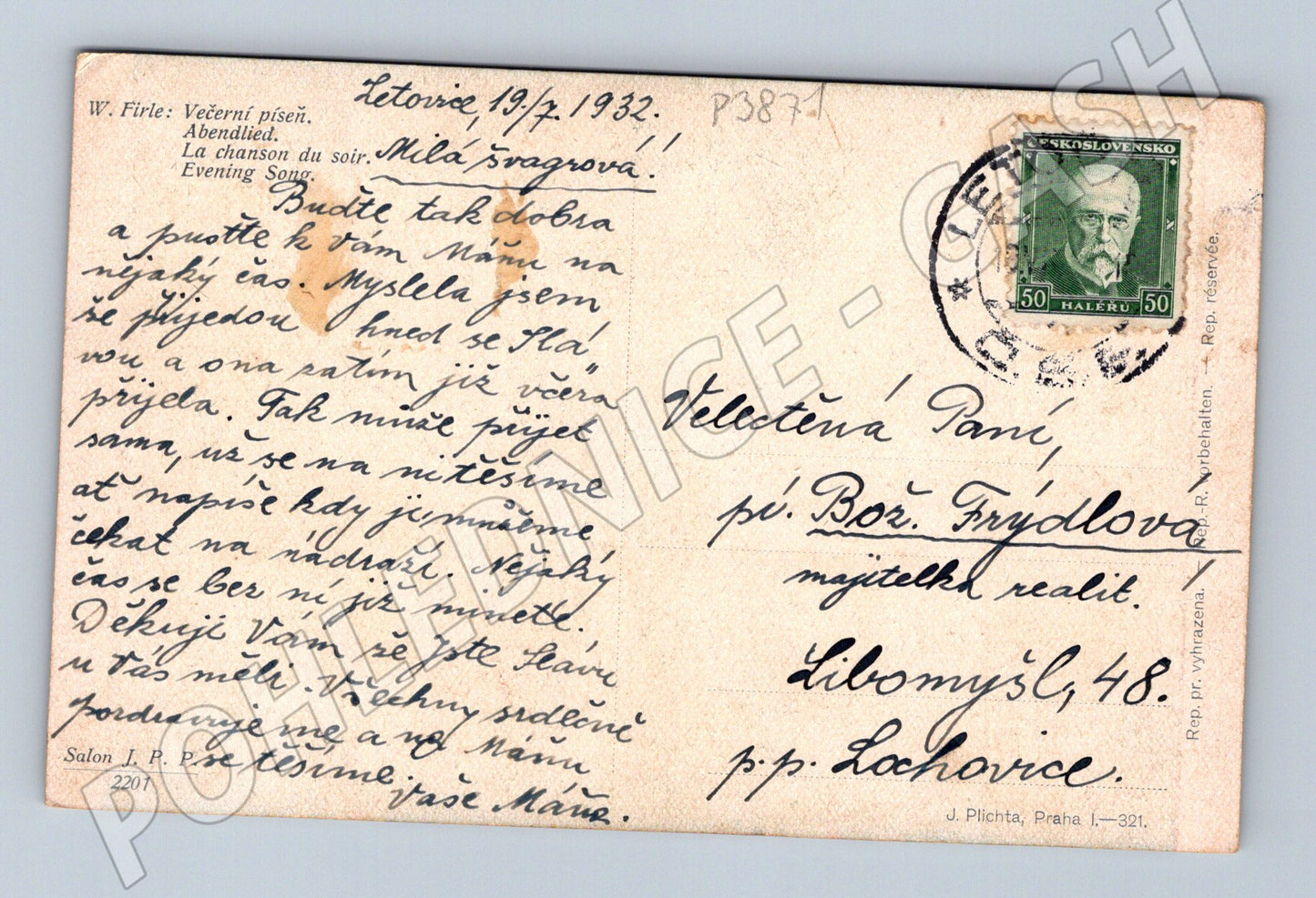 Pohlednice Letovice motiv Ženy u varhan W. Firle 1932 (P3871)