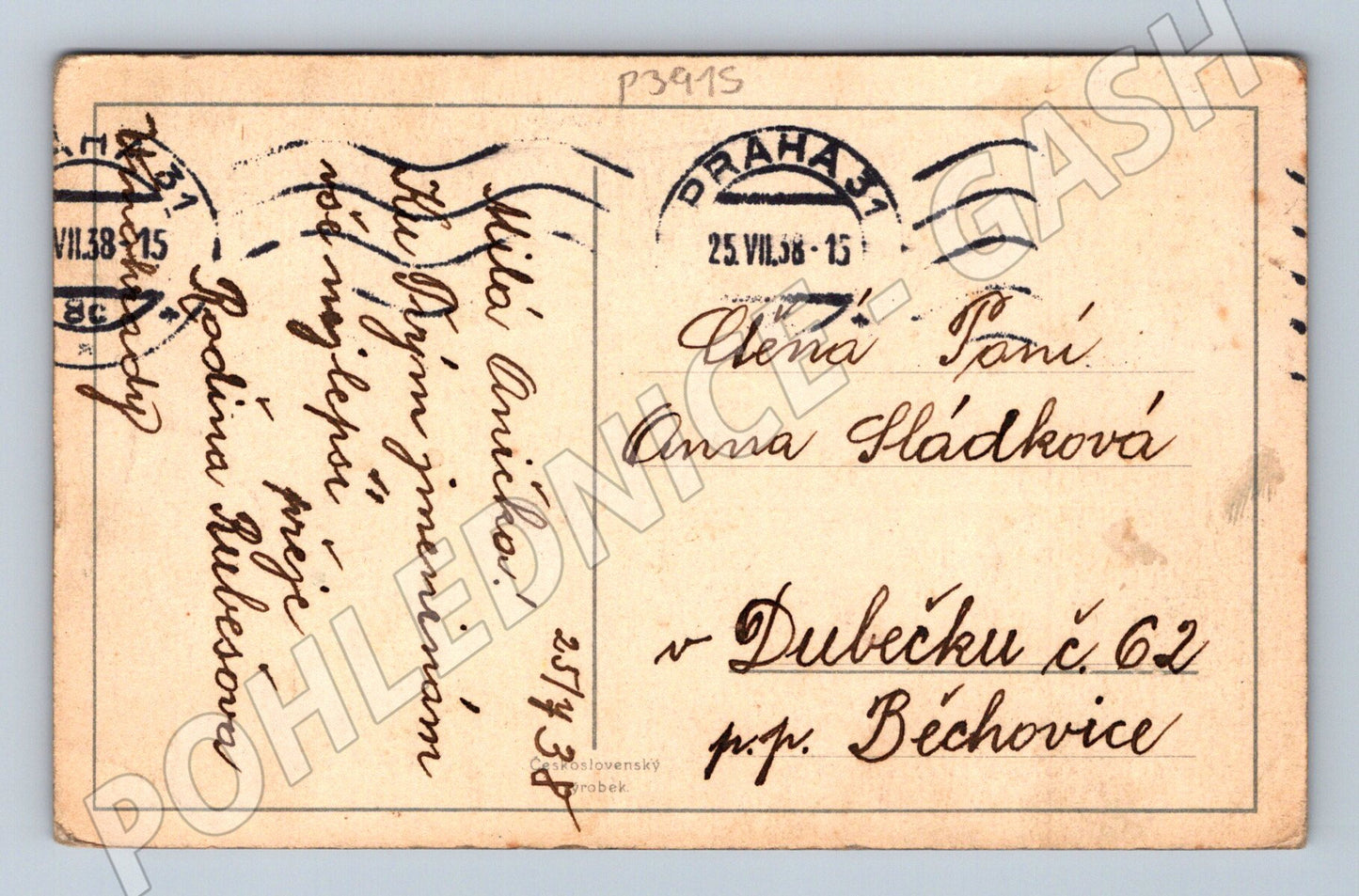 Pohlednice Hříměždice náves 1938 (P3915)