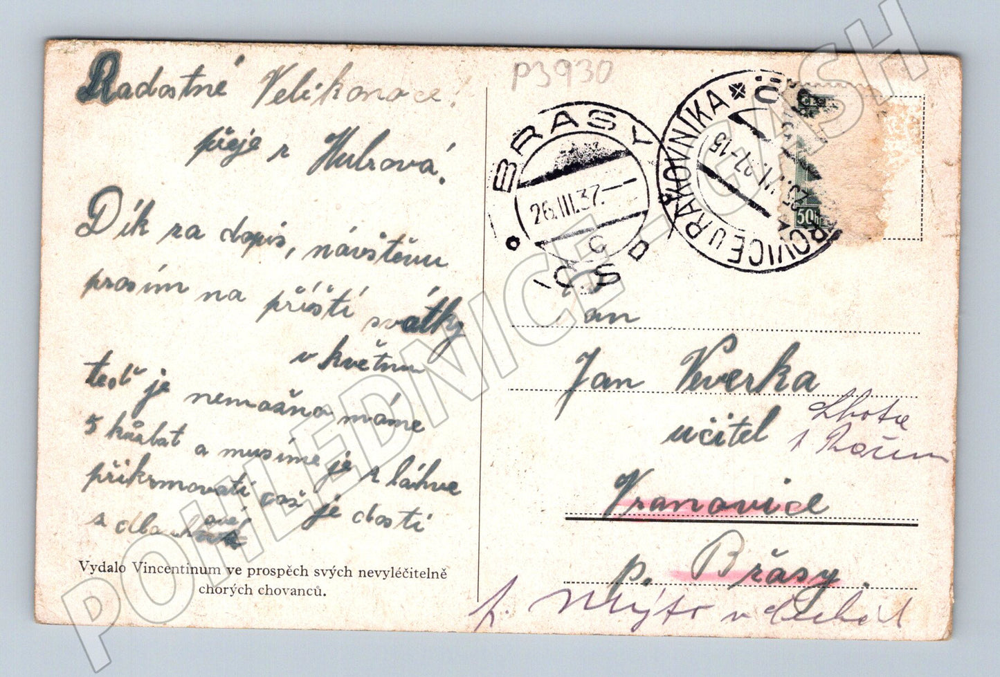 Pohlednice Raškovice oblast horská krajina se sloupem 1907 (P3930)