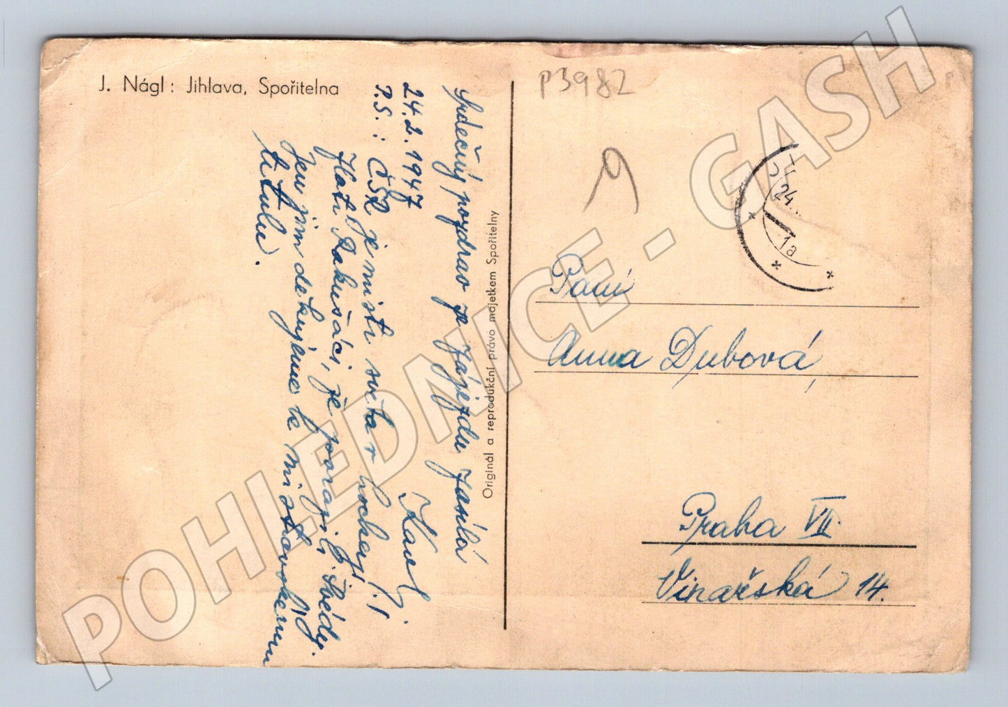 Pohlednice Jihlava Masarykovo náměstí 1947 (P3982)