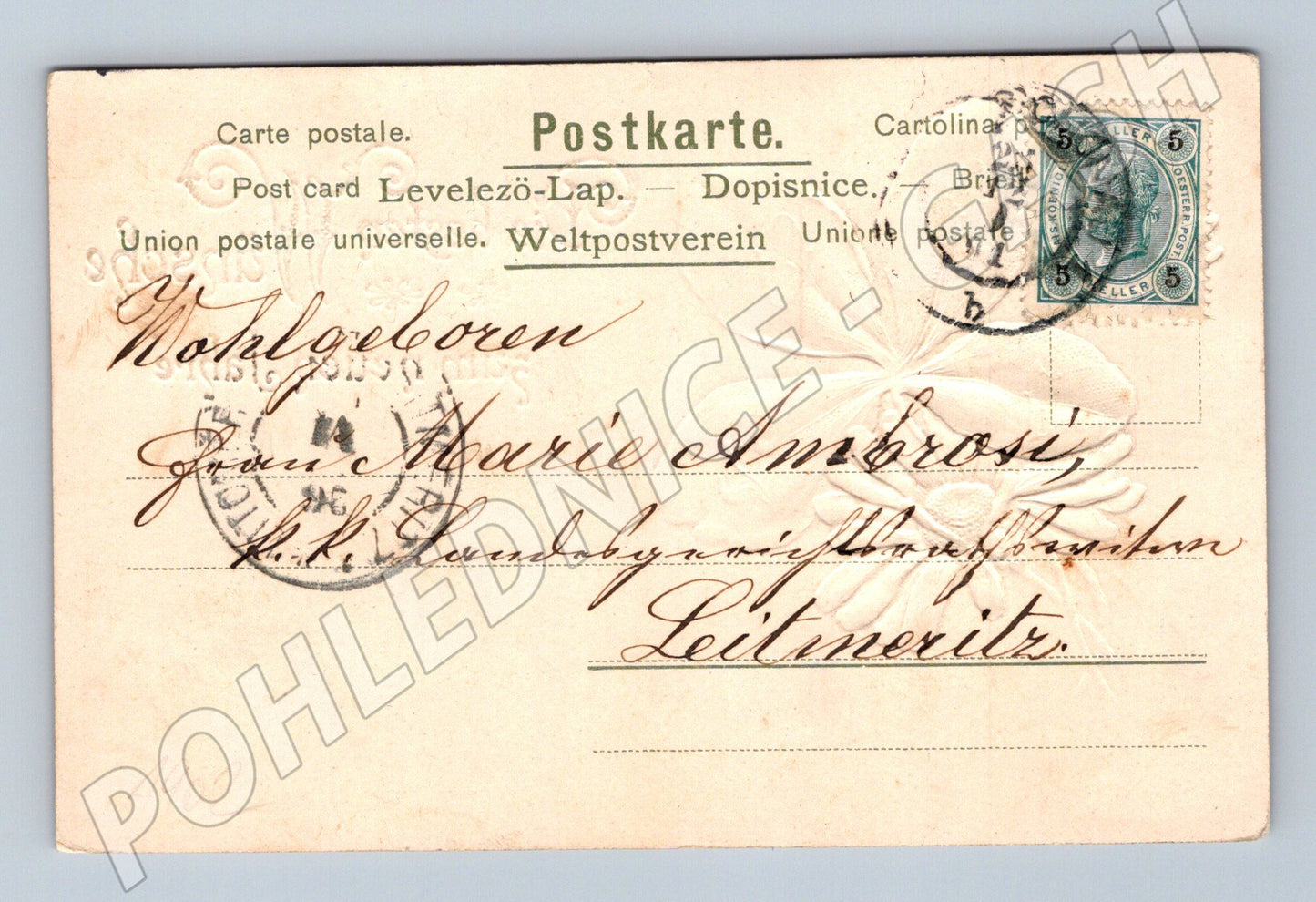 Pohlednice Novoroční motiv s čtyřlístkem a květinami 1902 (P4198)